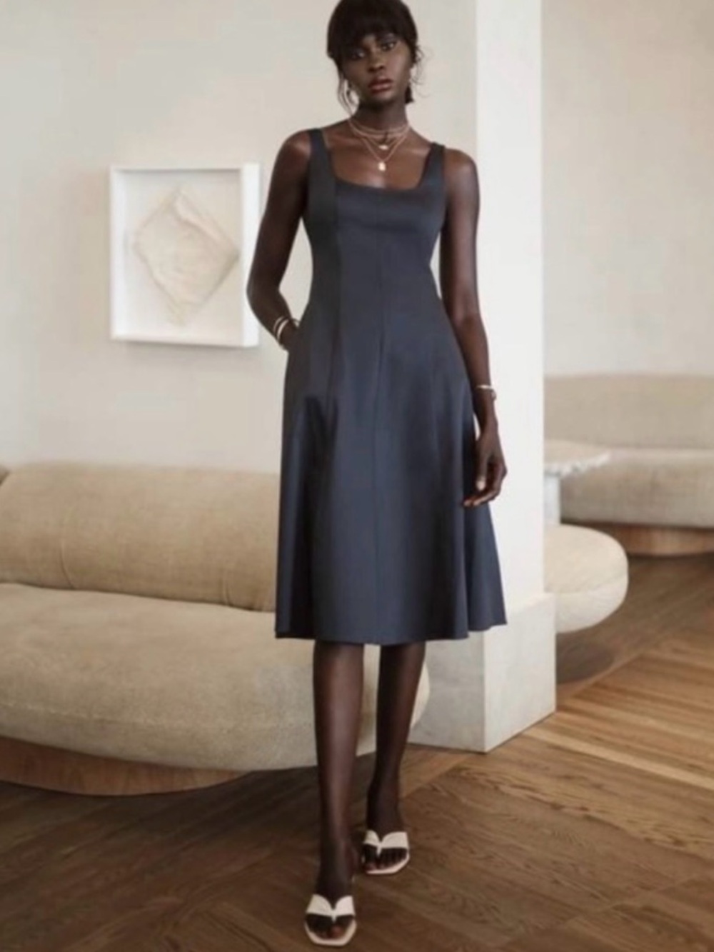 Club Monaco Black Square-Neck Midi Dress